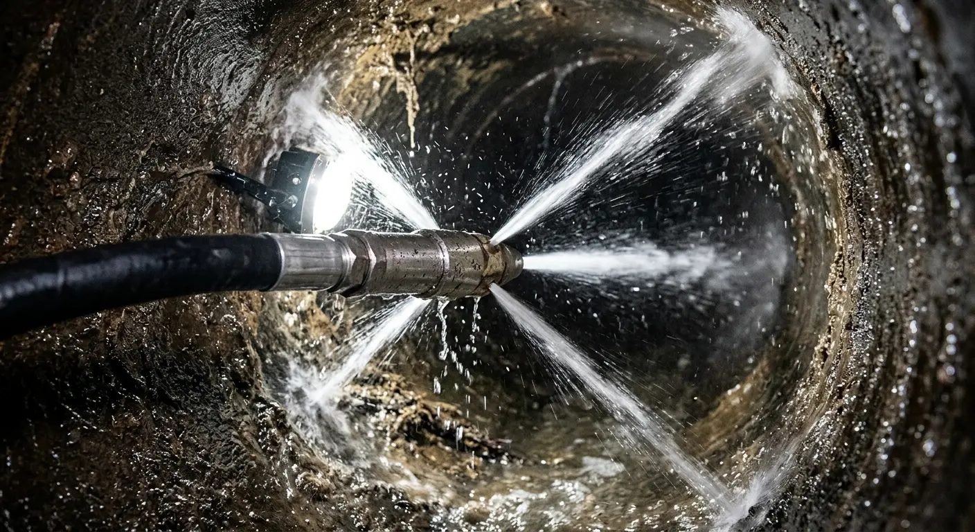 High-pressure hydro jetting nozzle cleaning sewer pipe for Emergency Drain Service in Cullman