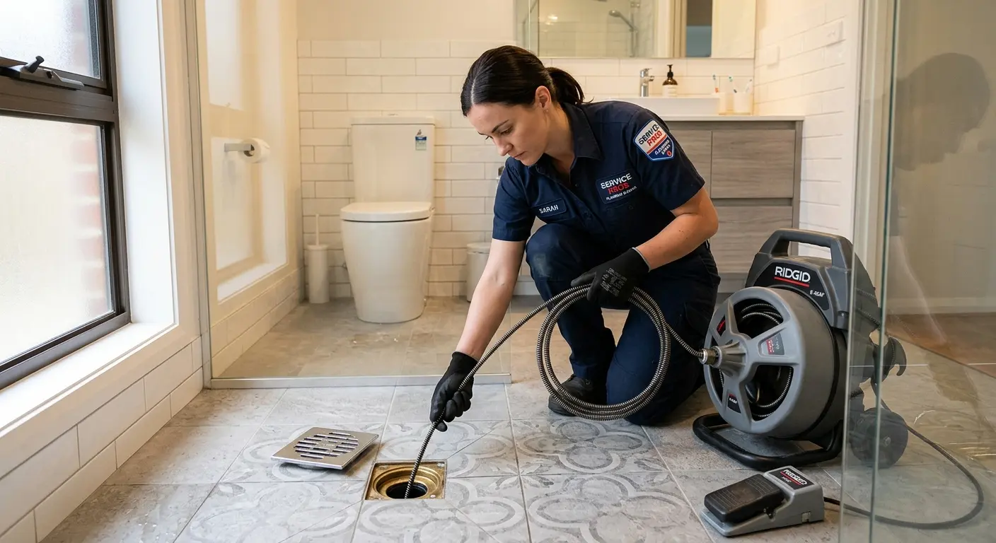 Technician clearing a bathroom floor drain for Sewer Line Replacement in Cullman